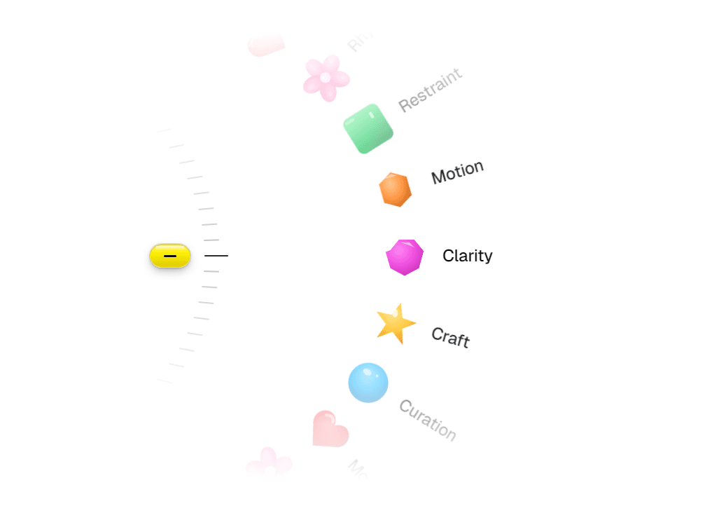 Draggable scroller: a vertical jog wheel of 3D shapes spinning through design principles